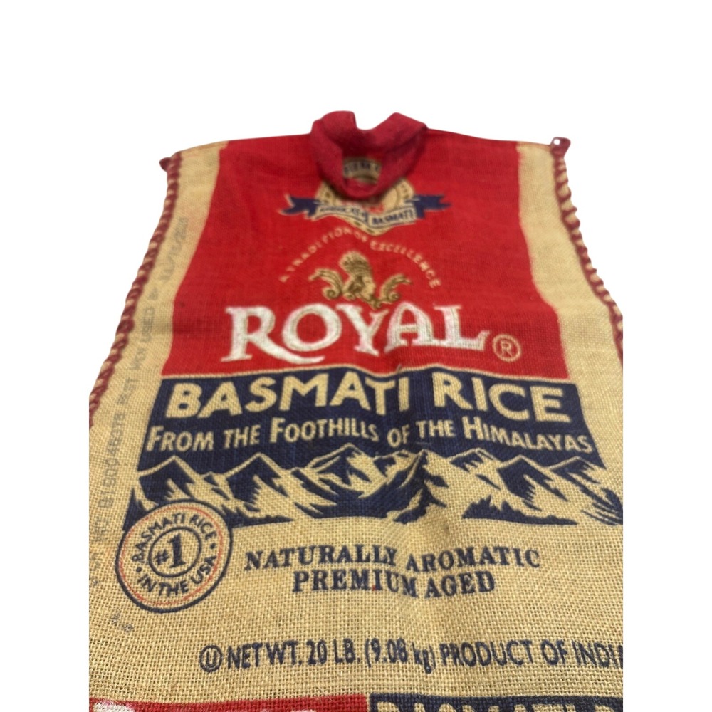 Royal Basmati Rice Burlap Tote Bag Red‎ Tan Reusable Grocery Sack Zipper Top